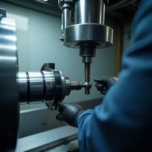 Tecnico misura la forza tirante del mandrino su una fresatrice CNC in officina